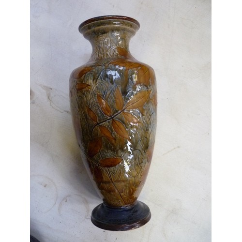 225 - AN EDWARDIAN ROYAL DOULTON VASE DECORATED WITH AUTUMN LEAVES PATTERN - 32CM - RESTORATION TO BASE