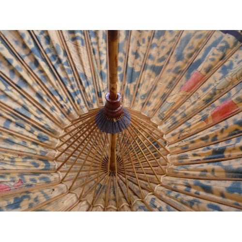 193 - AN UNUSUAL CHINESE STYLE PAPER PARASOL, CIRCA 1920'S, DECORATED WITH EGYPTIAN SCENES