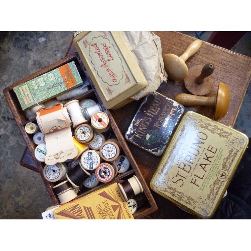 422 - A VERY GOOD 1920'S SEWING BOX TABLE WITH A LARGE QUANTITY OF ORIGINAL CONTENTS FROM THE EARLY TO MID... 