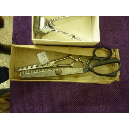 83 - 1 PAIR OF TAILORS PINKING SHEARS, A PAIR HAIRDRESSERS THINNING SCISSORS  AND A SET OF BURMAN HAIR CL... 