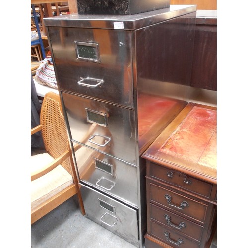 424 - A MID CENTURY HIGHLY POLISHED STEEL FOUR DRAWER FILING CABINET - 45CM X 62CM X 130CM