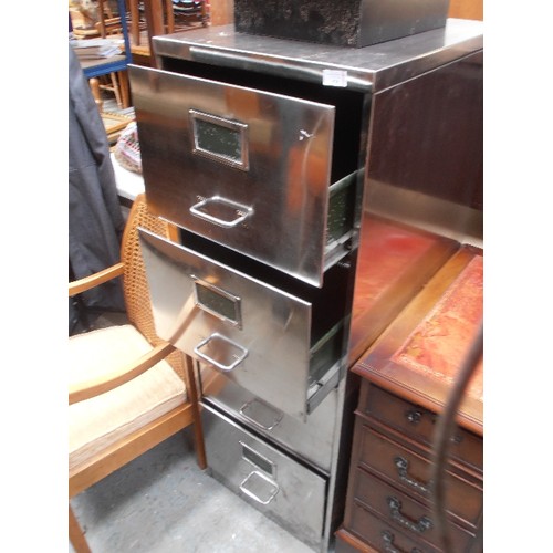 424 - A MID CENTURY HIGHLY POLISHED STEEL FOUR DRAWER FILING CABINET - 45CM X 62CM X 130CM