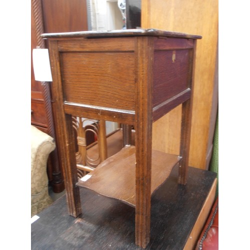 421 - 1930'S OAK SEWING TABLE WITH PALE BLUE SATIN INTERIOR - BY 