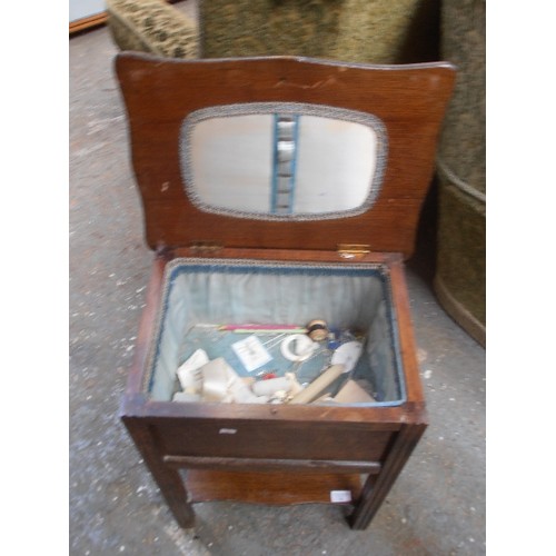 421 - 1930'S OAK SEWING TABLE WITH PALE BLUE SATIN INTERIOR - BY 