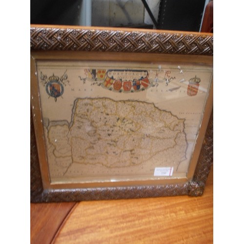 230 - AN ANTIQUE MAP OF NORFOLK WITH ARISTOCRATIC CRESTS INCLUDING DUKE OF NORFOLK - IN AN EARLY PLASTER M... 