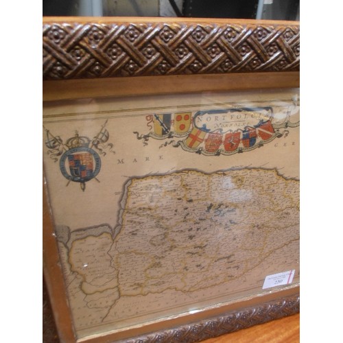 230 - AN ANTIQUE MAP OF NORFOLK WITH ARISTOCRATIC CRESTS INCLUDING DUKE OF NORFOLK - IN AN EARLY PLASTER M... 