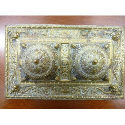 86 - A VICTORIAN CAST BRASS DOUBLE INKWELL ON STAND - ELABORATE DESIGN WITH CORNUCOPIA AND FLORETTES