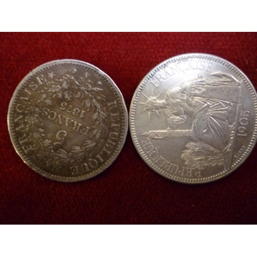 114 - 2 X FRENCH COINS INC 1875 5 FRANCS SILVER AND 1905 INDO-CHINA-FRANCAISE 1 PIASTRE DE COMMERCE. .900 ... 