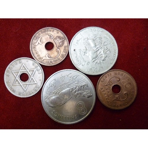 113 - 5 X AFRICAN COLONIAL COINS INC ONE PENNY EDWARD VIII BRITISH WEST AFRICA 1936,  2 EAST AFRICAN COINS... 