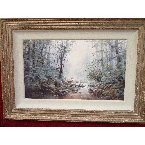 149 - LATE 20TH CENTURY OIL PAINTING ON CANVAS OF A DEER IN A WOODLAND STREAM, SIGNED J HUSH (JOE HUSH, CO... 