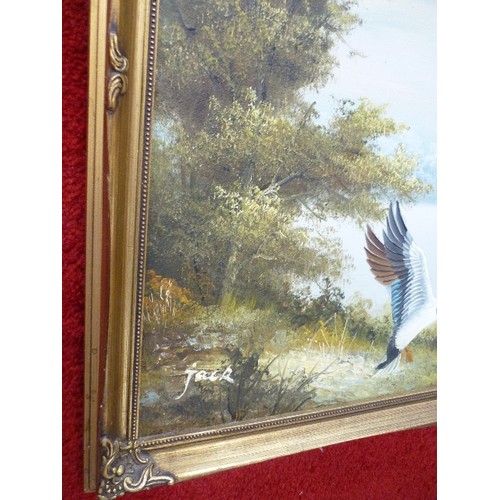 152 - A PAIR OF LATE 20TH CENTURY OIL PAINTINGS ON BOARD OF DUCKS IN FLIGHT, ONE SIGNED 