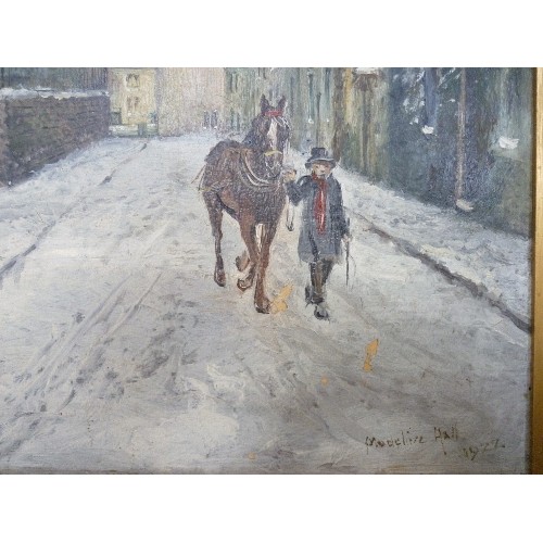 150 - A CHARMING 1920'S NAIVE SCHOOL OIL PAINTING ON BOARD OF A WINTER STREET SCENE WITH A MAN LEADING A H... 