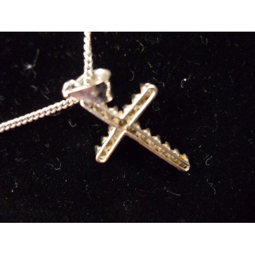 81J - A 9CT GOLD CROSS PENDANT WITH CLEAR STONES (LONDON HALLMARKS TO THE BAIL) ON A 925 SILVER CHAIN