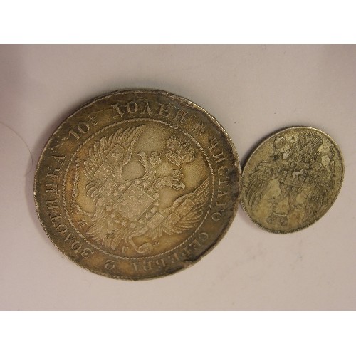 132 - SILVER RUSSIAN 1839 50 KOPEK  COIN V/F PLUS SILVER 10 KOPEK  BOTH NICE COLLECTORS PIECES