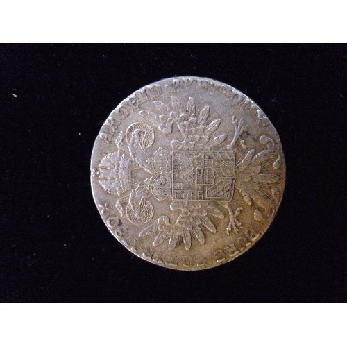 125 - A MARIA THERESA SILVER THALER COIN DATED 1780, S.F. MONOGRAM BELOW THE NECK. 