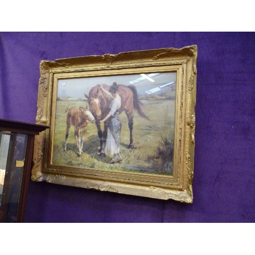 171C - LARGE FRAMED PRINT OF A LADY WITH A MARE AND FOAL IN AN ORNATE GILT FRAME