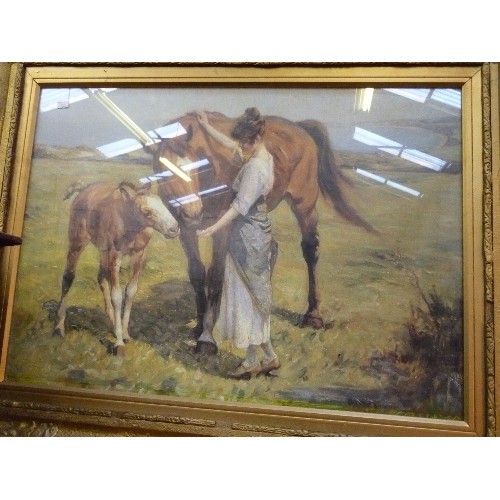 171C - LARGE FRAMED PRINT OF A LADY WITH A MARE AND FOAL IN AN ORNATE GILT FRAME