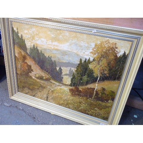 171B - A LARGE LATE 20TH CENTURY OIL PAINTING ON BOARD OF A MOUNTAIN PASS IN AUTUMN - PROBABLY ALPINE - IND... 