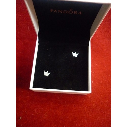 87D - PAIR OF 'CROWN'  DIAMANTE PANDORA EARRINGS IN BOX