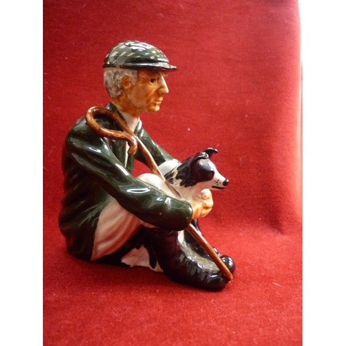 166A - SHEBEG POTTERY ISLE OF MAN SHEPHERD WITH COLLIE DOG, SIGNED SANDRA 1979