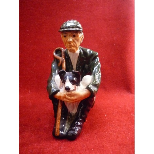 166A - SHEBEG POTTERY ISLE OF MAN SHEPHERD WITH COLLIE DOG, SIGNED SANDRA 1979