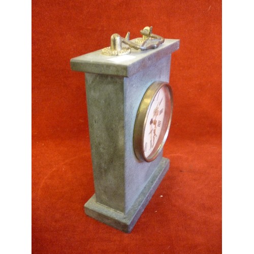 79 - HEAVY GREEN GRANITE? GERMAN-MADE MANTLE/CARRIAGE-CLOCK. 20CM H.