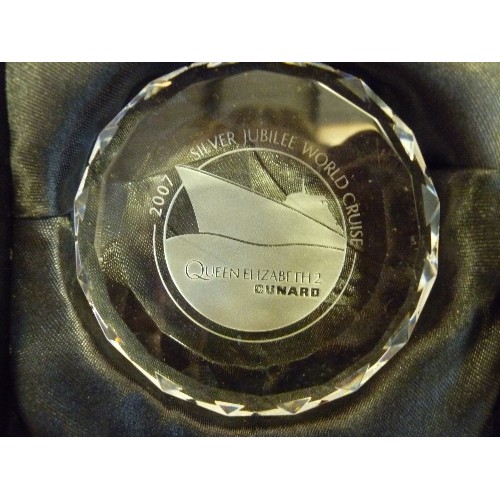 100 - CUNARD QE2 SILVER JUBILEE CRUISE GLASS PAPERWEIGHT. TOGETHER WITH 2 CUNARD PIN BADGES. ALL BOXED.