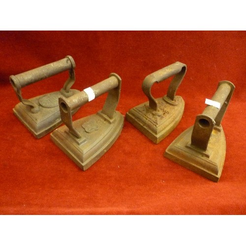 107 - 4 X VINTAGE CAST IRON FLAT IRONS.