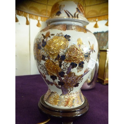 120 - A PAIR OF ATTRACTIVE 'GINGER-JAR' STYLE LAMP BASES. ORIENTAL PATTERN, AND PALE GOLD SHADES.