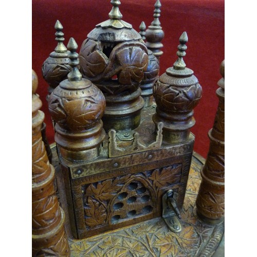 118 - LOVELY VINTAGE TAJ-MAHAL, CARVED WOOD/BRASS LAMP[WORKING] VERY ORNATE, AND LOOKS BEAUTIFUL WHEN ON.