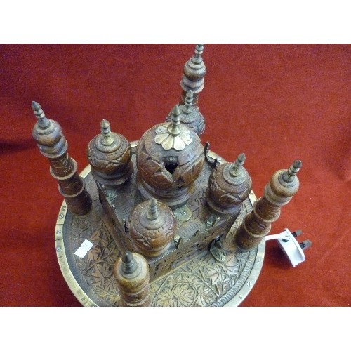 118 - LOVELY VINTAGE TAJ-MAHAL, CARVED WOOD/BRASS LAMP[WORKING] VERY ORNATE, AND LOOKS BEAUTIFUL WHEN ON.