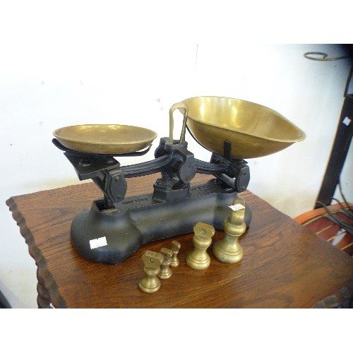 140 - VINTAGE WEIGH SCALES, COMPLETE WITH BRASS SCOOPS AND A SET OF IMPERIAL BELL WEIGHTS.