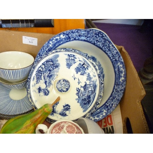 145 - LARGE VINTAGE MIXED CERAMIC LOT, INC LIDDED TUREEN, CROCKERY, CUTLERY, GLASSWARE, CERAMIC ORNAMENTS ... 