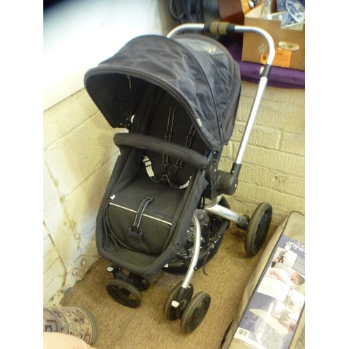 152 - MOTHERCARE 'SPIN' BABY BUGGY, IN BLACK. WITH HOOD, AND DETACHABLE RAIN COVER.