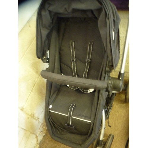 152 - MOTHERCARE 'SPIN' BABY BUGGY, IN BLACK. WITH HOOD, AND DETACHABLE RAIN COVER.