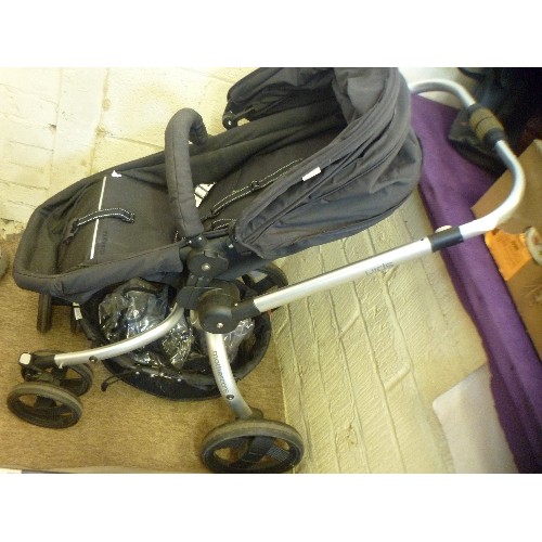 152 - MOTHERCARE 'SPIN' BABY BUGGY, IN BLACK. WITH HOOD, AND DETACHABLE RAIN COVER.