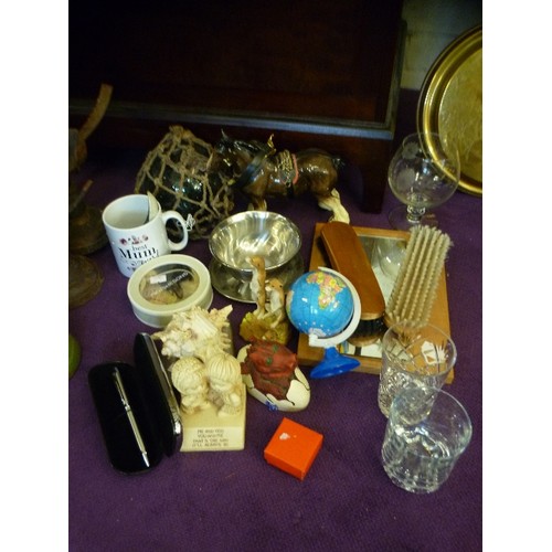 162 - MIXED DECORATIVE LOT, INC SHIRE HORSE & CART, WALL MIRROR/CLOTHES BRUSH SET, SHELL, NICE PEN IN CASE... 