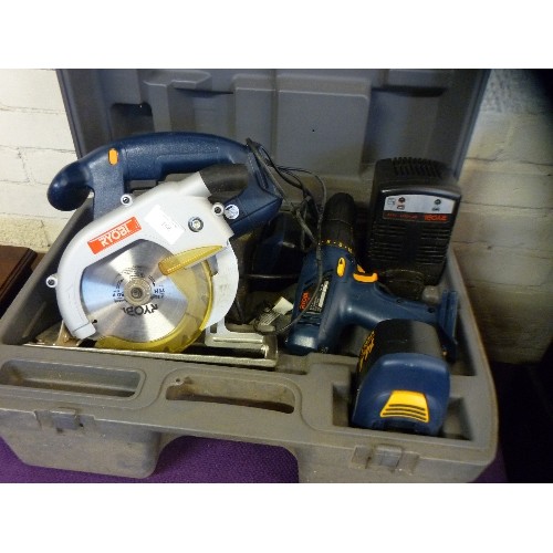 168 - RYOBI SKILL SAW, AND DRILL. IN LARGE CARRY CASE.