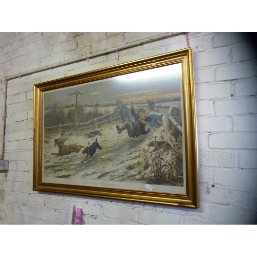 171 - LARGE GILT-FRAMED PRINT 'A CHRISTMAS RAID'  LOVELY IMAGE OF DOGS MAKING OFF WITH GAME AND A STRING O... 