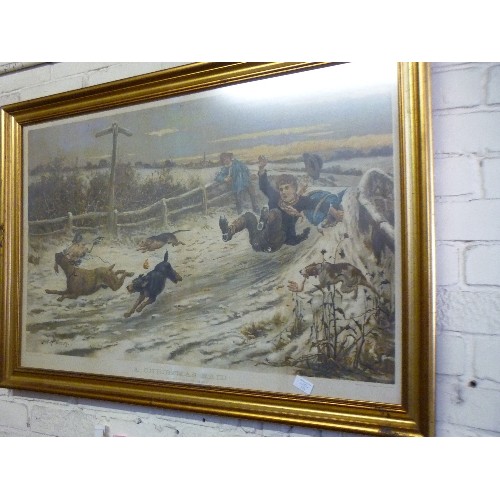 171 - LARGE GILT-FRAMED PRINT 'A CHRISTMAS RAID'  LOVELY IMAGE OF DOGS MAKING OFF WITH GAME AND A STRING O... 