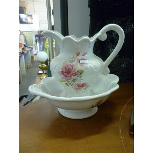 236 - JUG AND BOWL SET. PINK & WHITE FLOWERS.