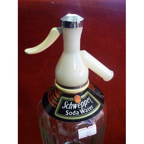 245 - RETRO-VINTAGE SCHWEPPES SODA SYPHON. WITH SCHWEPPES CARD COLLAR.