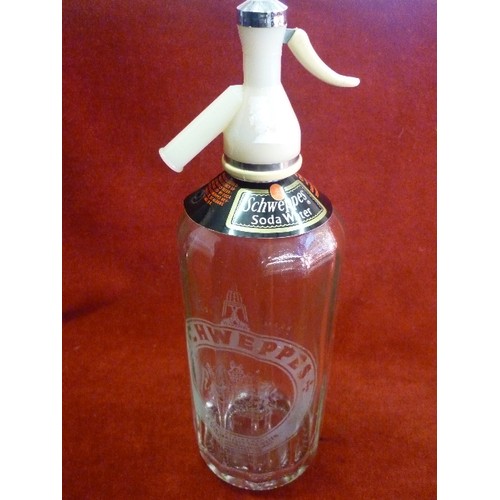 245 - RETRO-VINTAGE SCHWEPPES SODA SYPHON. WITH SCHWEPPES CARD COLLAR.