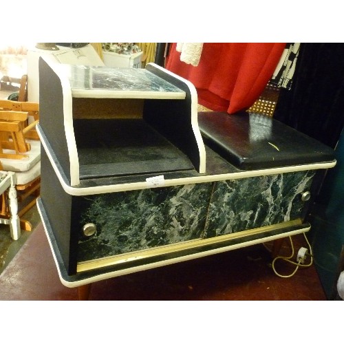 249 - SMALL RETRO-VINTAGE TELEPHONE TABLE, WITH 'MARBLED' SLIDING DOORS, TAPERED LEGS, LEATHERETTE SEAT, A... 