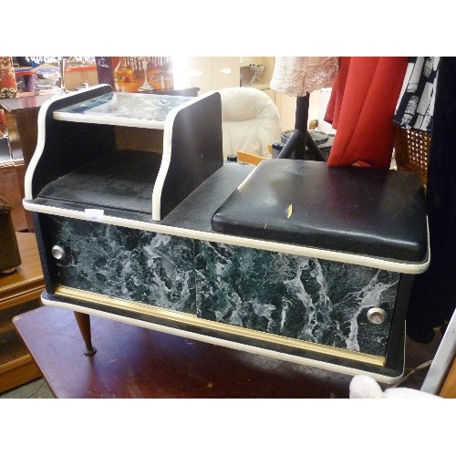 249 - SMALL RETRO-VINTAGE TELEPHONE TABLE, WITH 'MARBLED' SLIDING DOORS, TAPERED LEGS, LEATHERETTE SEAT, A... 