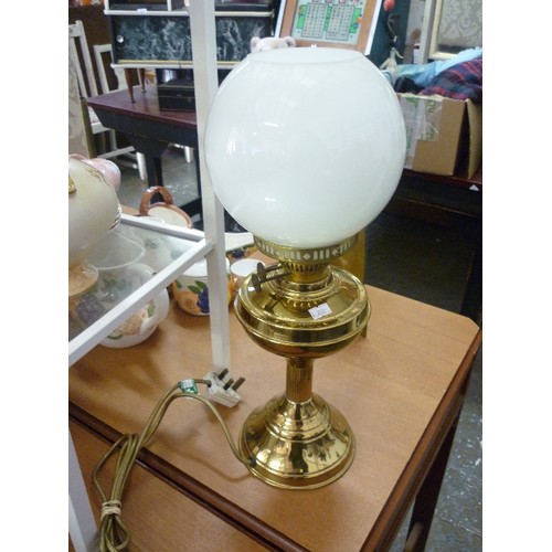 261 - ELECTRIC 'OIL LAMP' .BRASS WITH MILK-GLASS GLOBE.