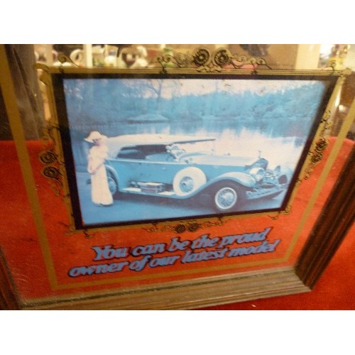 263 - DECORATIVE ROLLS ROYCE FRAMED MIRROR. WITH CENTRAL IMAGE OF VINTAGE ROLLS ROYCE CAR ETC