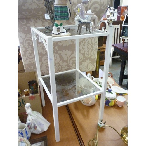 264 - SMALL HALL/ TELEPHONE TABLE. CREAM-PAINTED WROUGHT IRON, WITH 2 GLASS SHELVES.