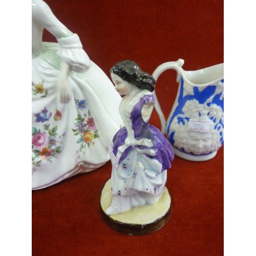 265 - VINTAGE CERAMIC LOT, 5 ITEMS INC ROYAL DOULTON CRINOLIN LADY, CHERUB CANDLESTICK, PETR RABBIT ETC.