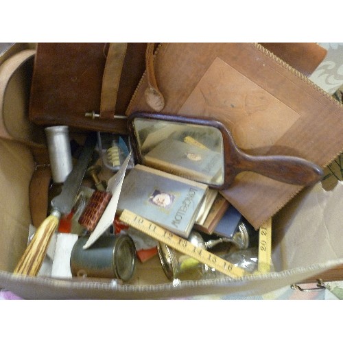 267 - BOX OF INTERESTING VINTAGE ITEMS, INC LEATHER MUSIC BAG, A LEATHER DOCUMENT WALLET, A SMALL UNION JA... 